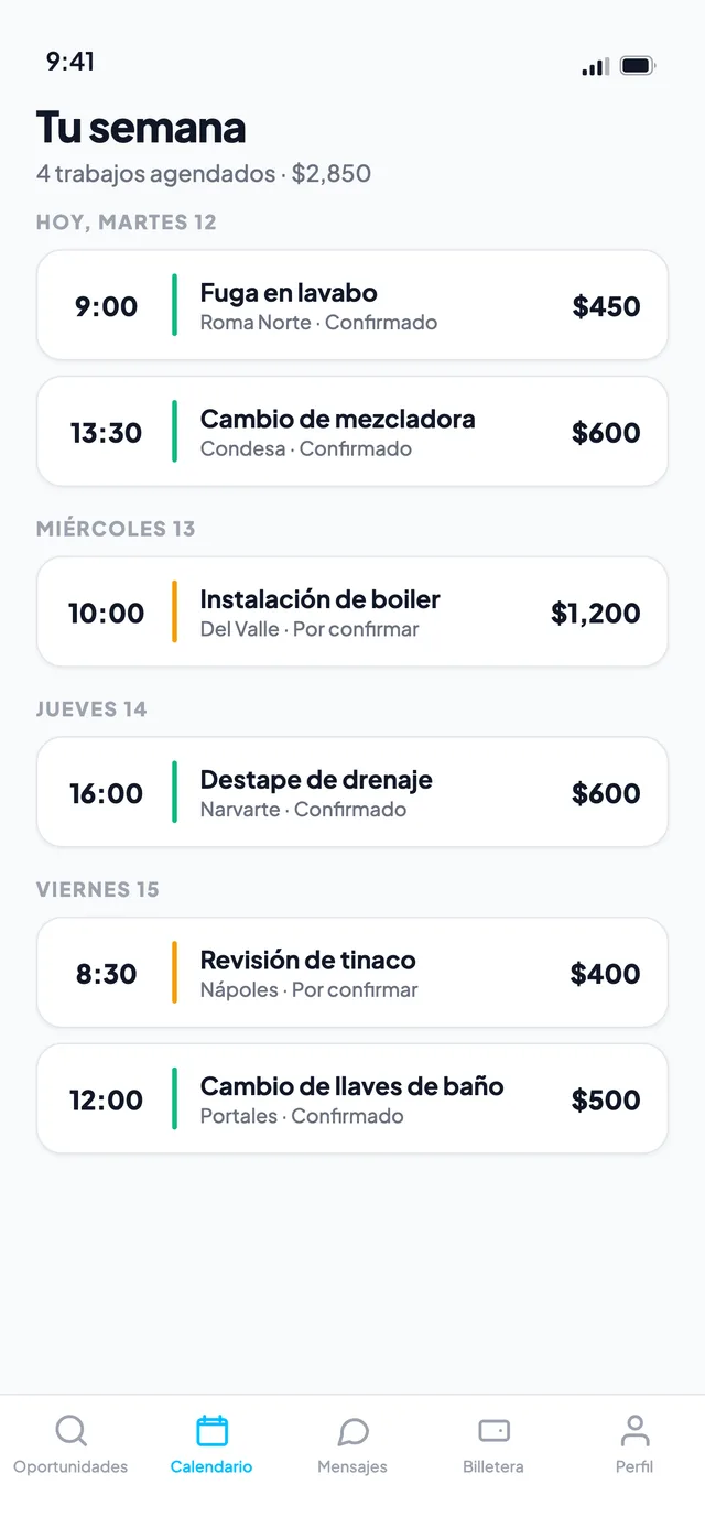 Pantalla de la agenda semanal de TrustMe con los trabajos confirmados