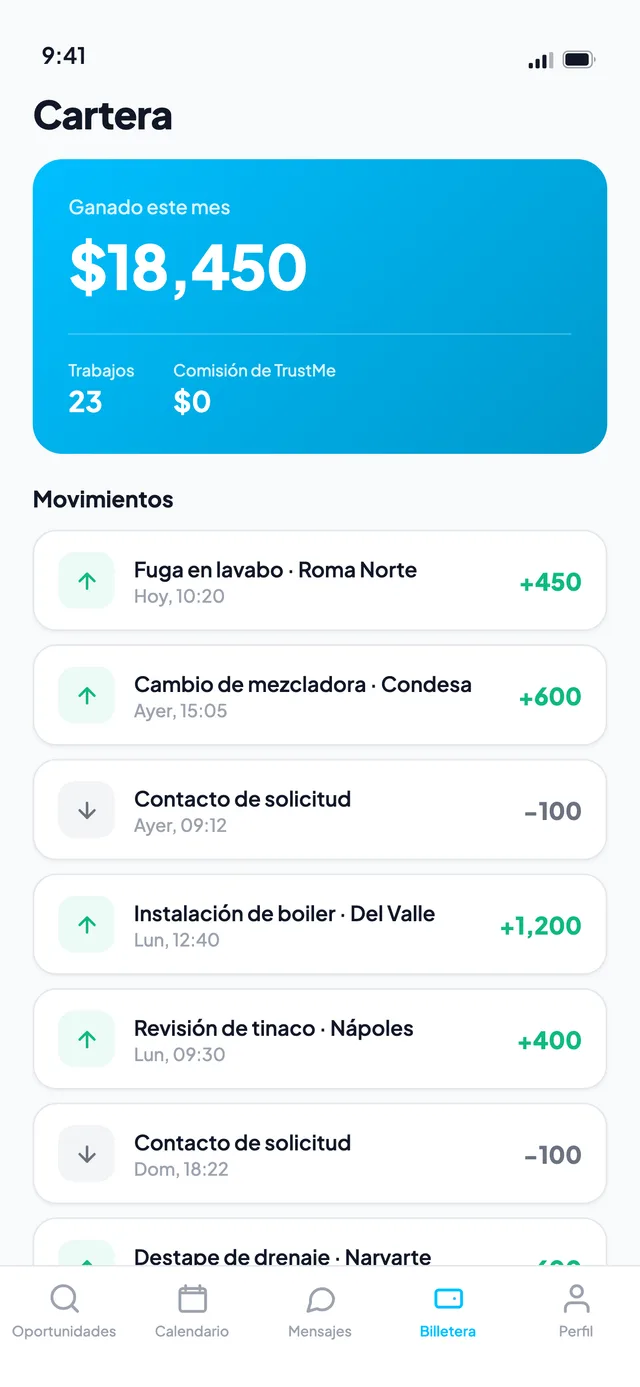 Pantalla de la cartera de TrustMe con lo ganado en el mes