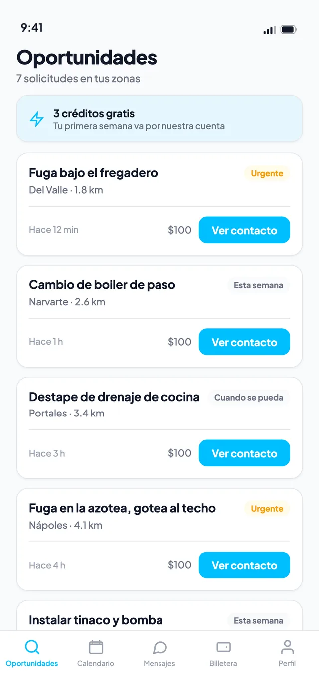 Pantalla de Oportunidades de TrustMe con solicitudes cercanas